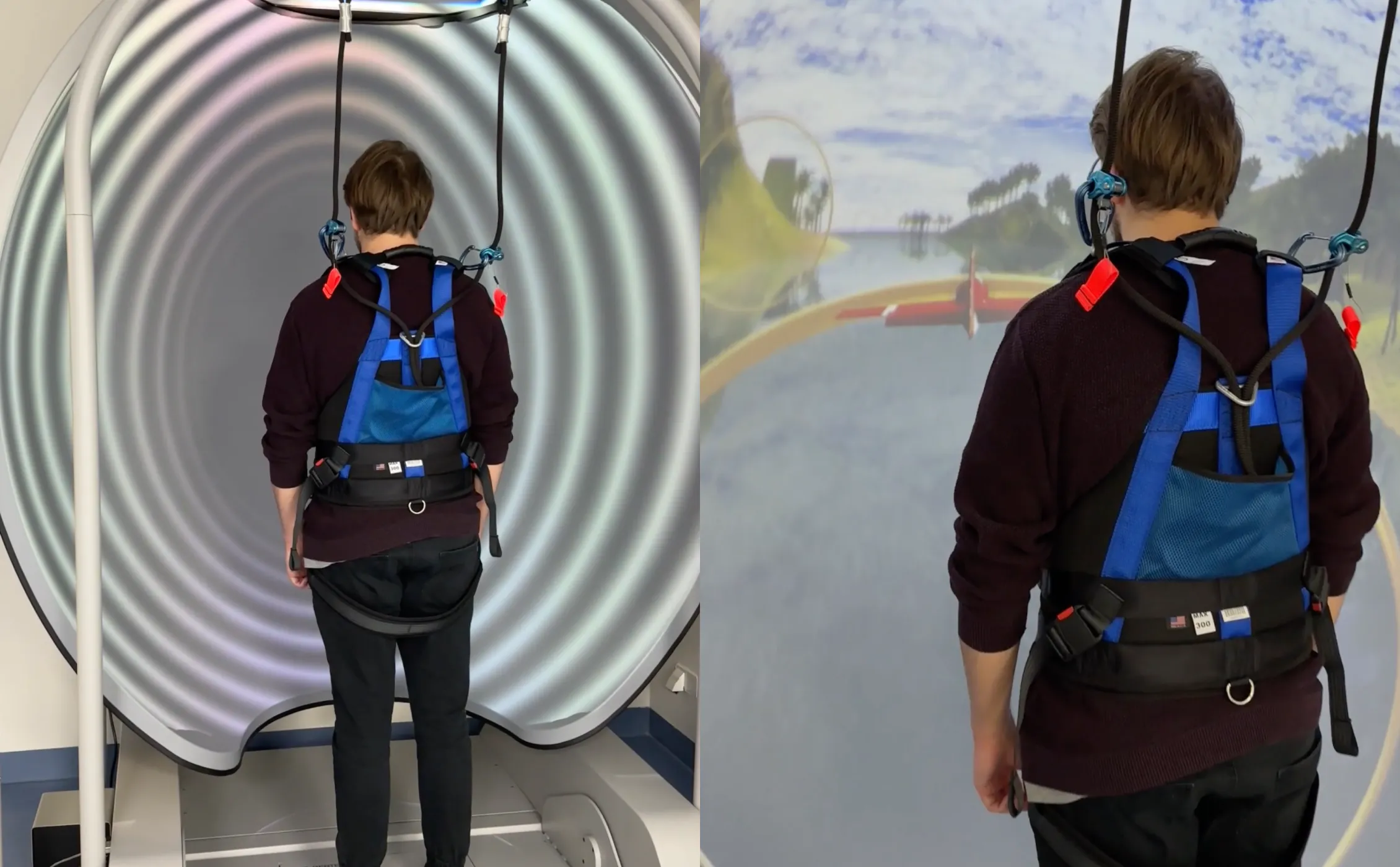 Ein Mann steht mit dem Rücken zum Betrachter, angeschnallt in einem Vestibularis-Gerät